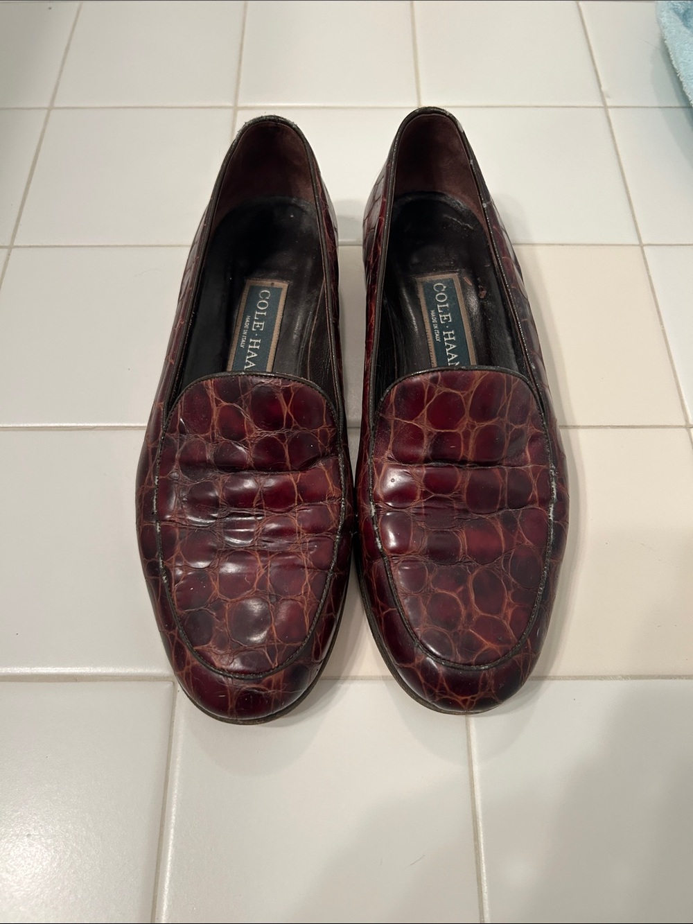 Cole Haan Women's Croc-Embossed Burgundy Leather Penny Loafers